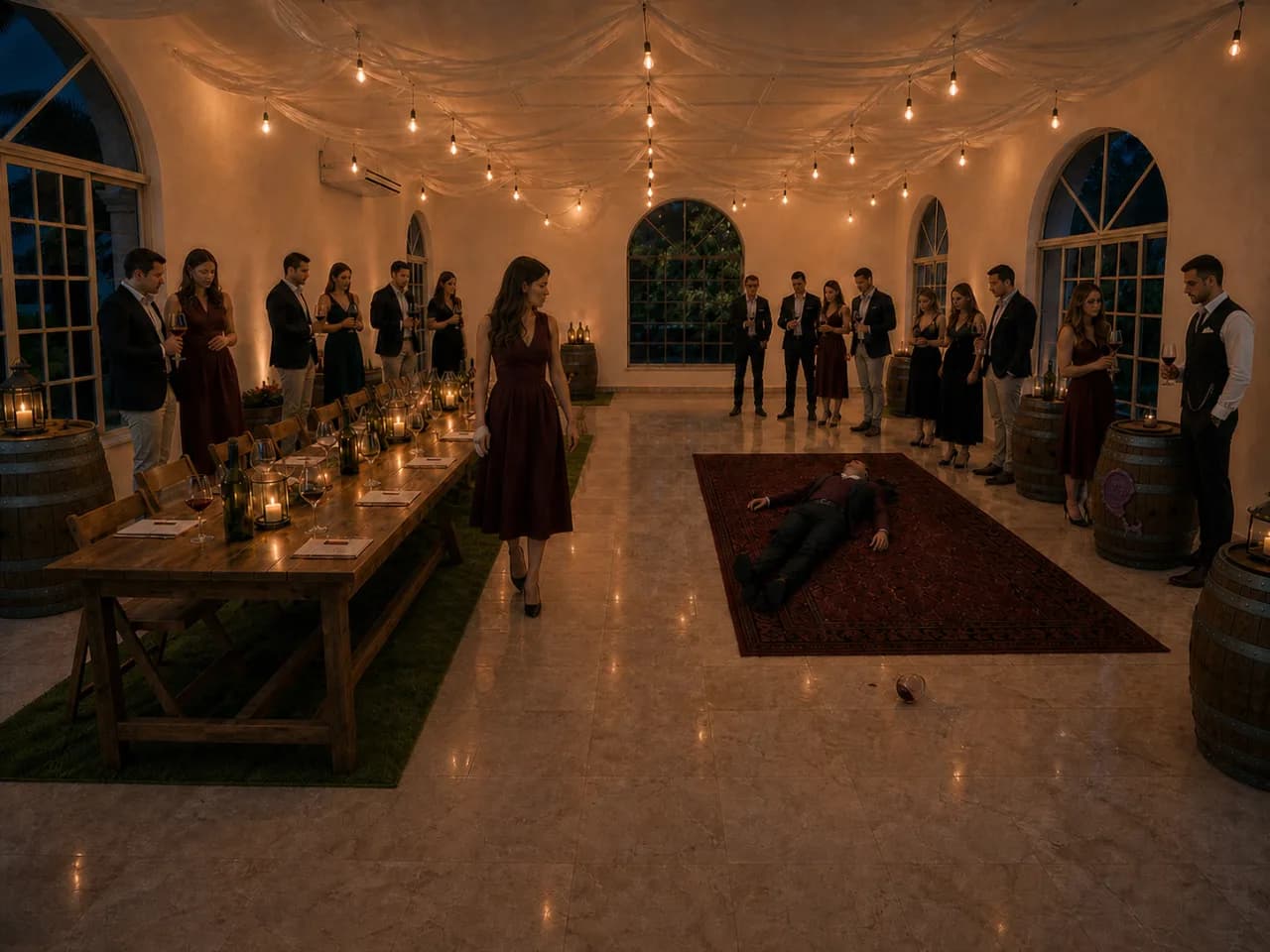 Salón de cata en La Casita, luces cálidas y barricas